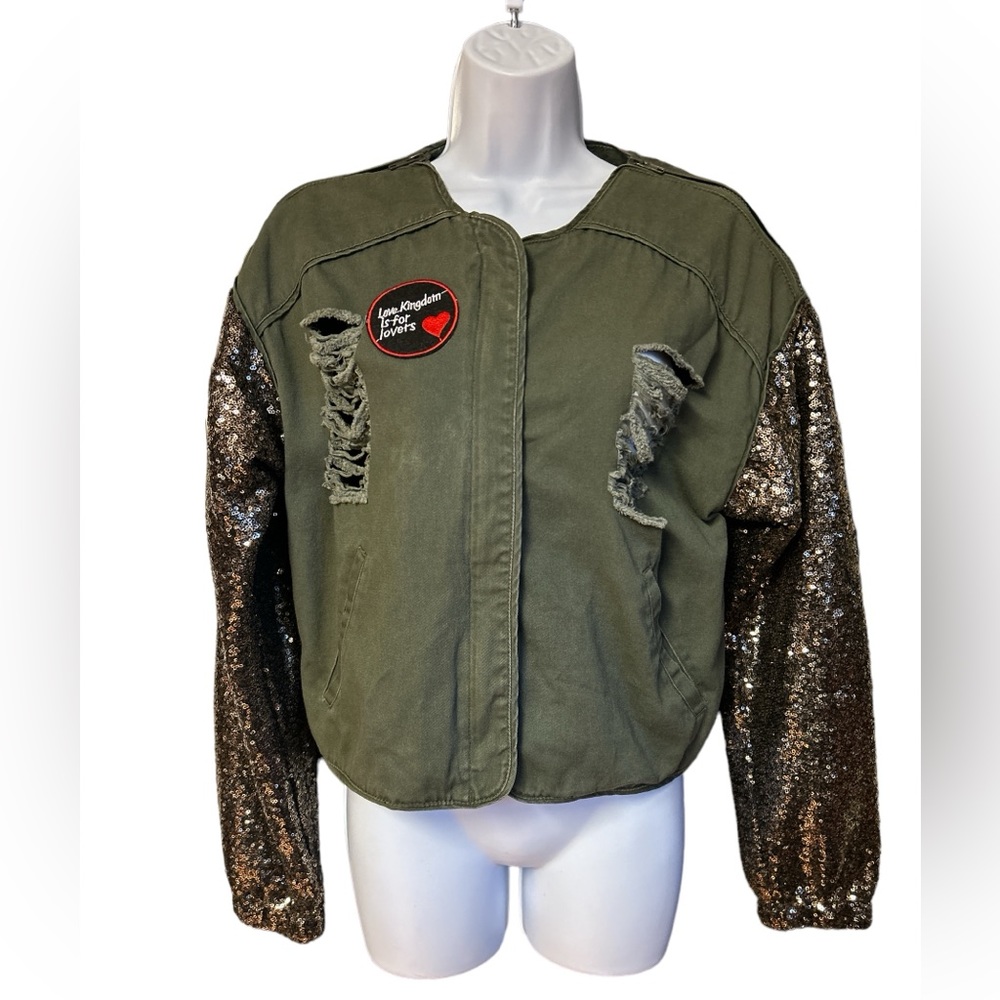 English Rose Olive Green Distressed Utility Jacket Sequin Sleeves Patch Medium